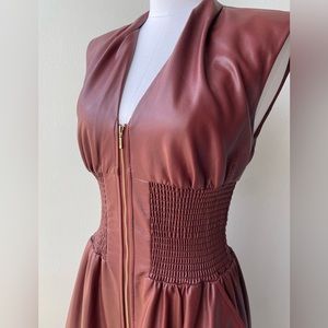 NWT The Tommie Cap-Sleeve Smocked Front-Zip midi shirt Dress: Faux Leather  Sm